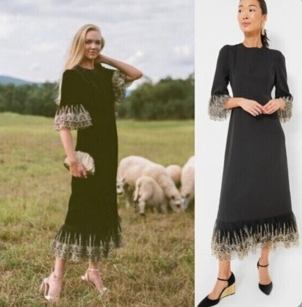 NEW Tuckernuck Pomander Place Gold Embroidered Hem Lillith Dress  Black Medium